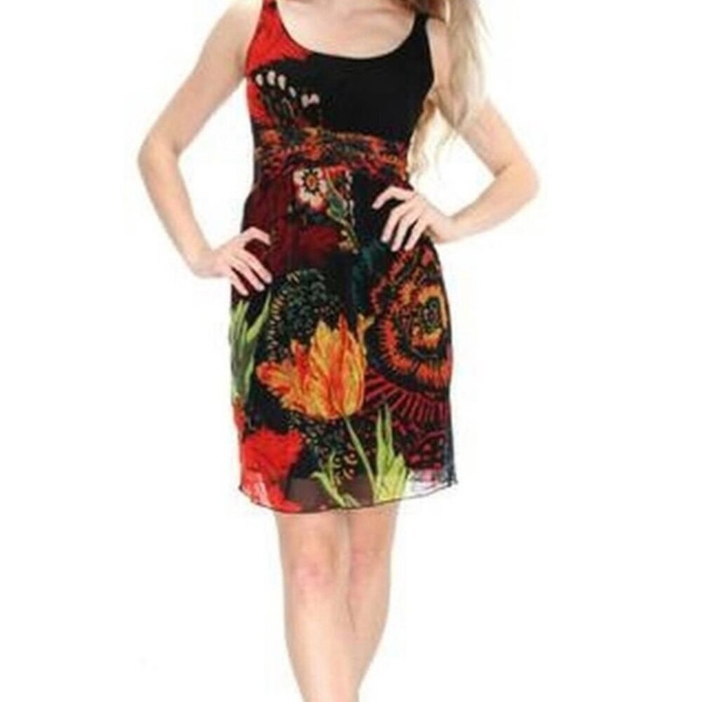 New Desigual Floral Mesh Florecilla Dress Womens M Sleeveless Short